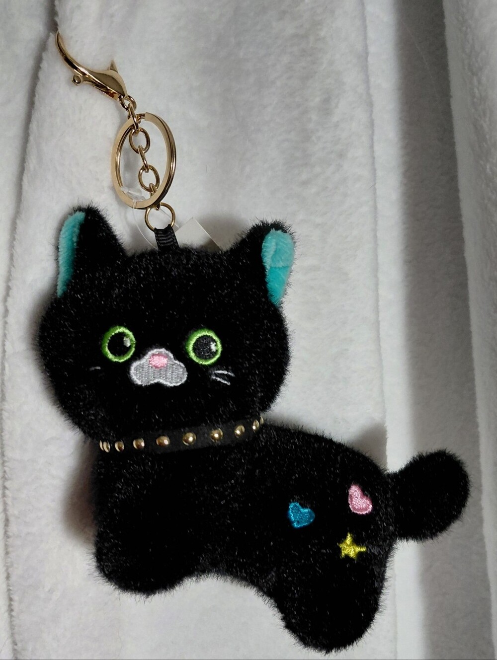 Plush Black Cat Keychain with Turquoise Ear Accents - Brand